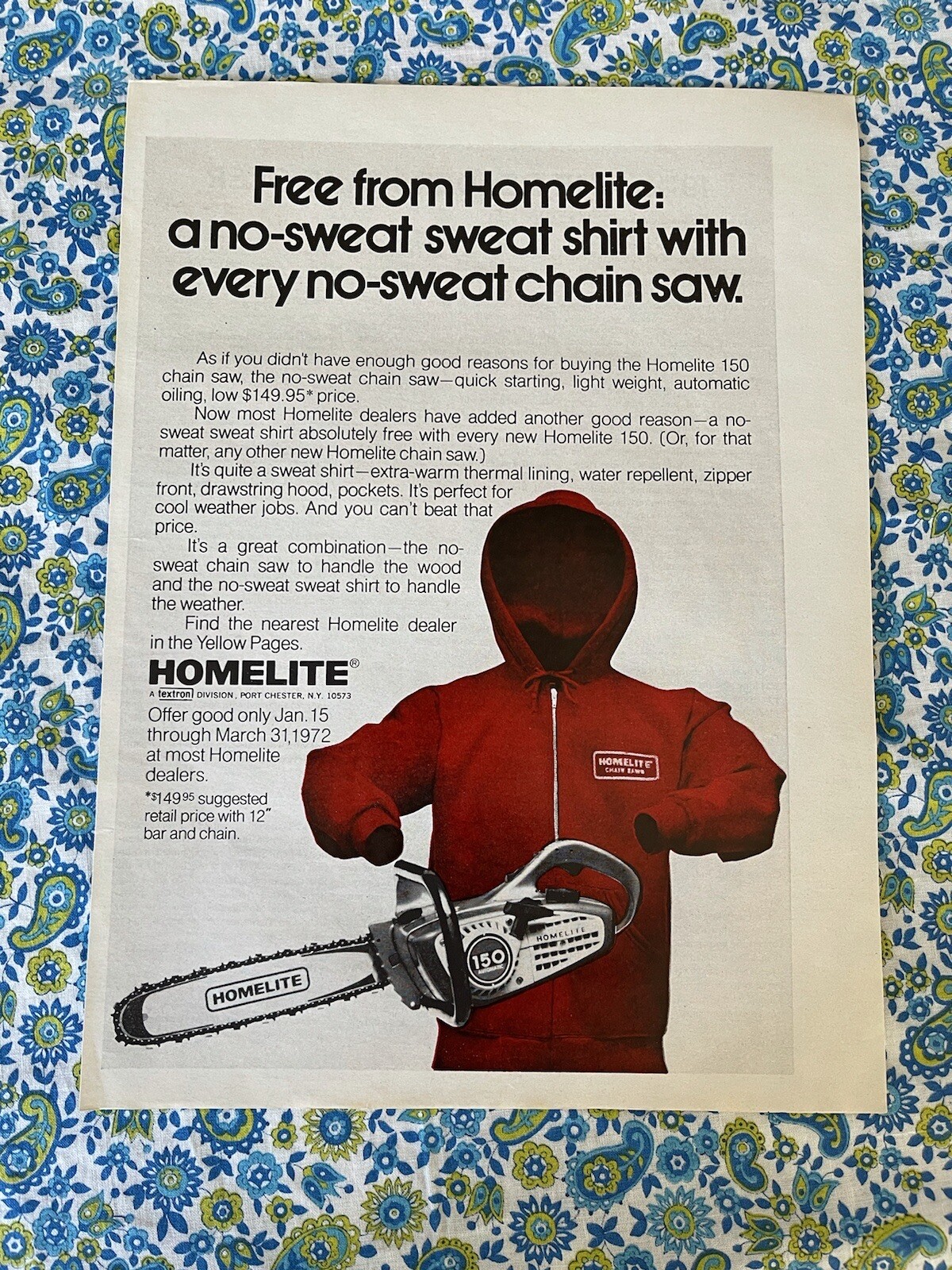 Vintage 1972 Homelite 150 Chainsaw Print Ad Sweatshirt Giveaway Hoodie