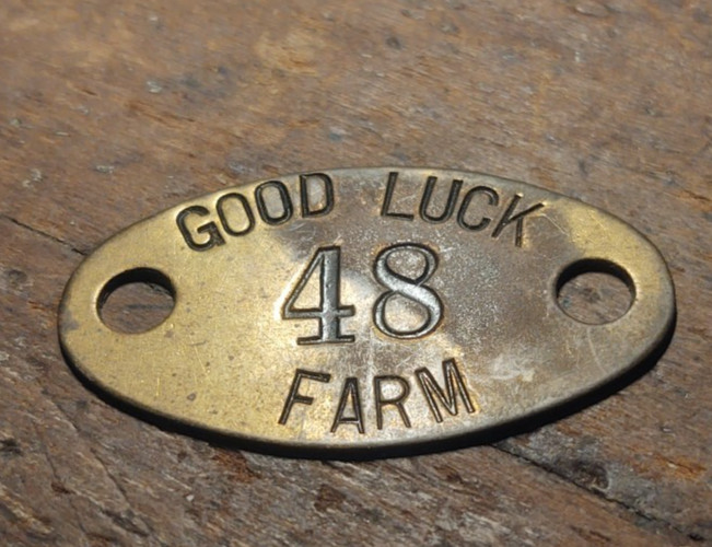 Vtg Antique Brass Farm Tag , Good Luck Farm #48 Maryland Found