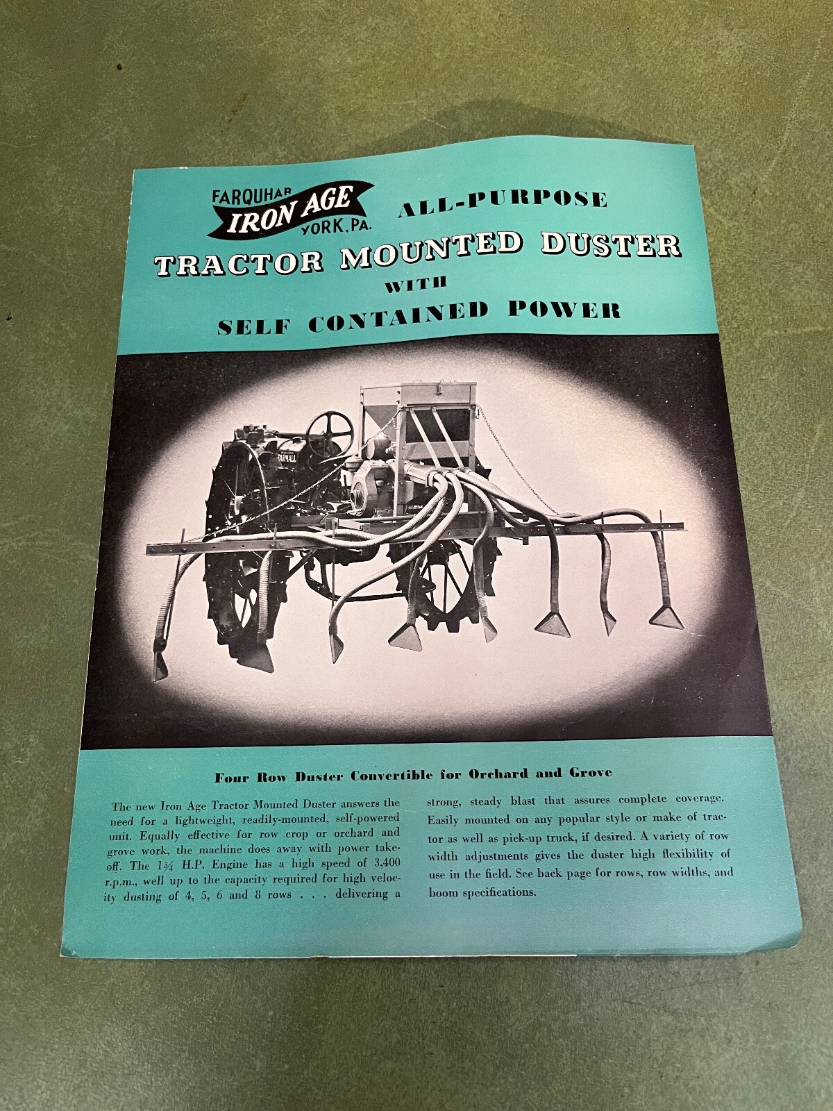 Original Farquhar Iron Age Tractor Mounted Duster Sales Brochure Farmall York PA