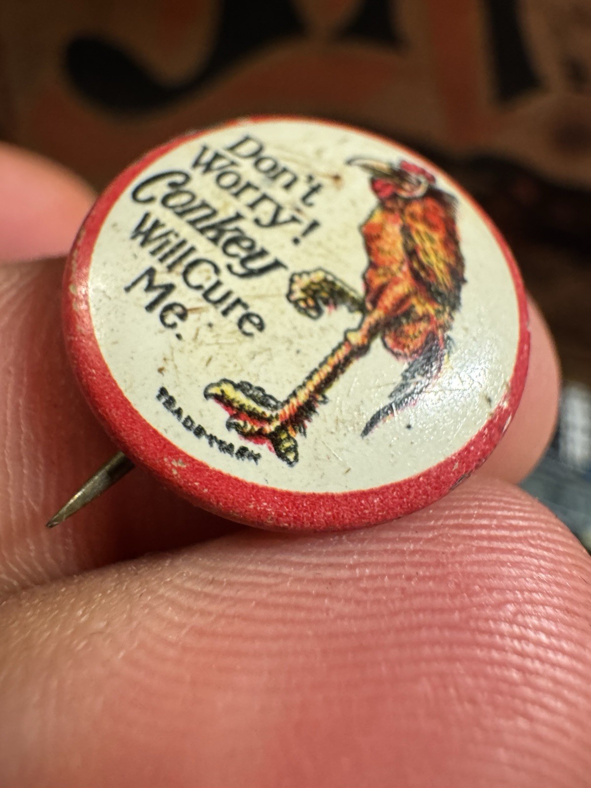 Antique c1908 Conkey Poultry Cure Pin Don’t Worry Chicken Button