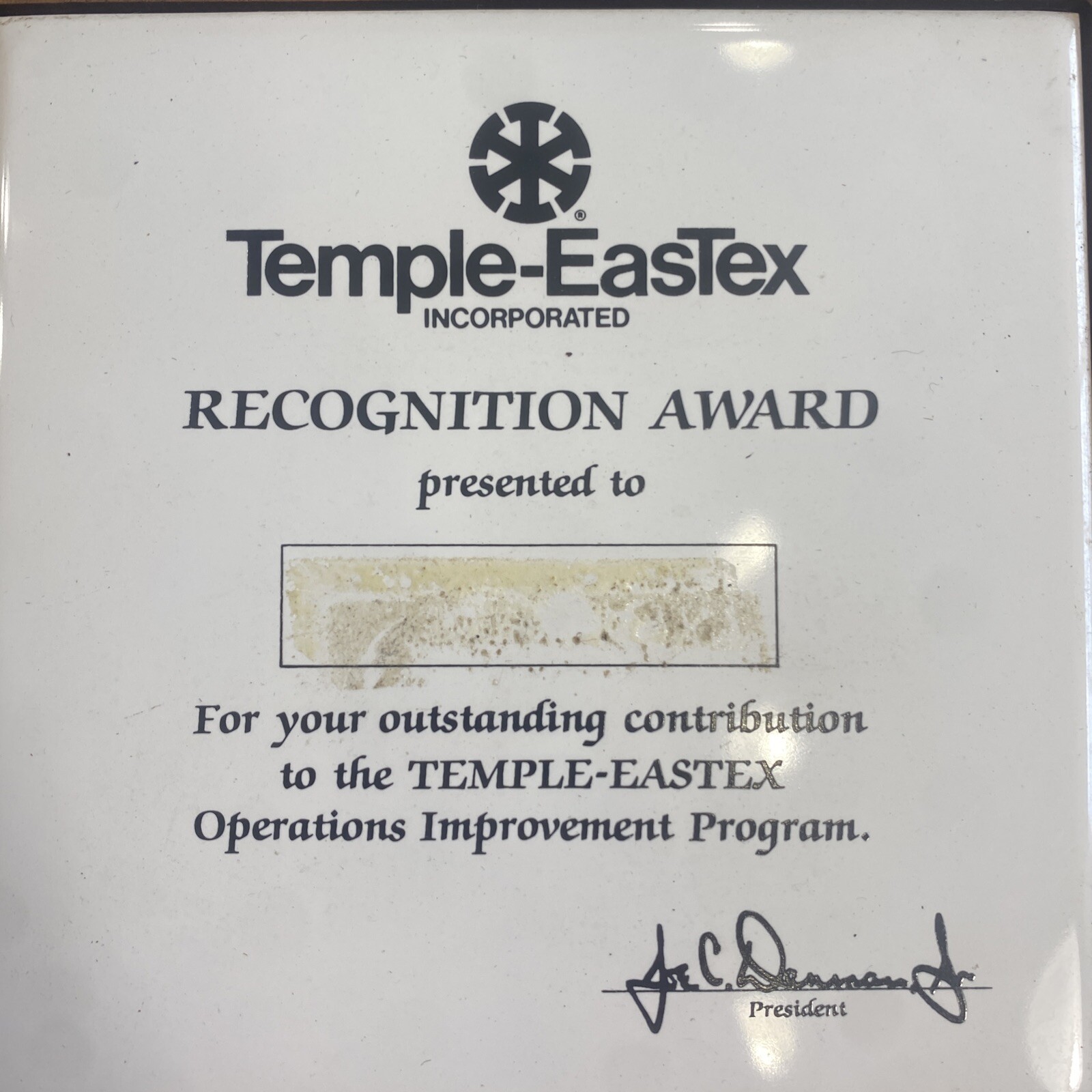 Vintage Temple EasTex Diboll Texas Recognition Award Plaque Wood Ceramic