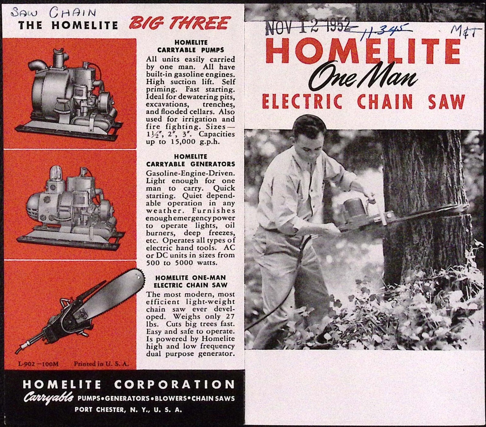 1952 Homelite One Man Chain Saw Brochure Homelite Corp Geneva NY