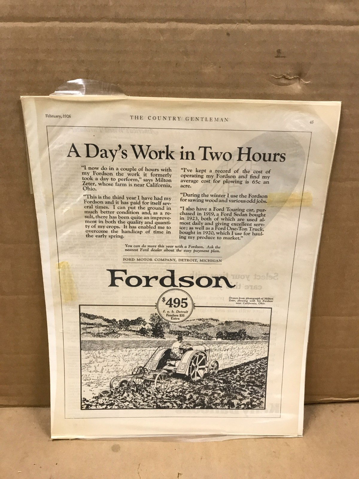 Vintage Fordson Tractor Print Ad – Country Gentleman – February 1926