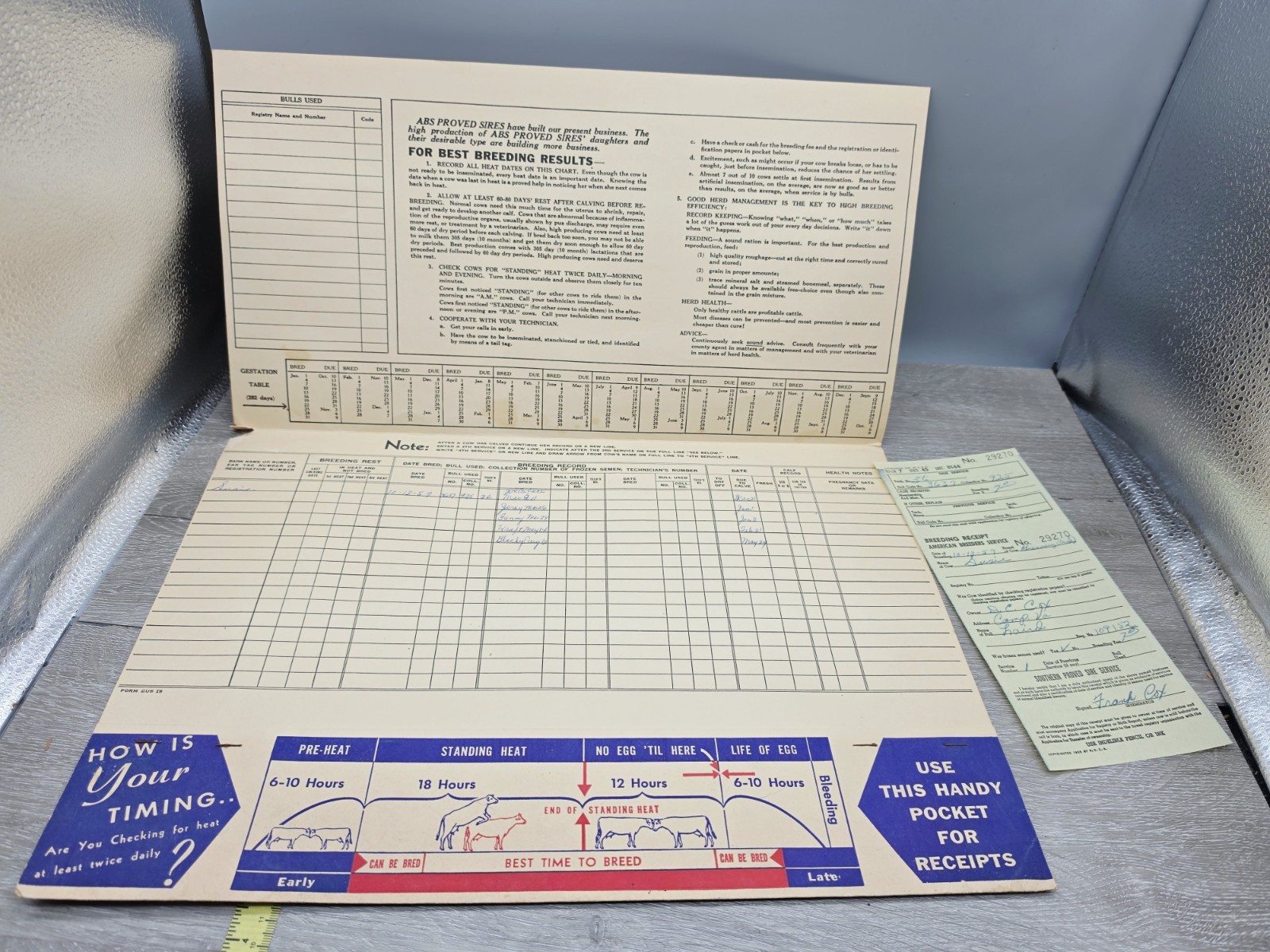 Rare 1957 American Breeders Service Folder Cow Breeding Schedule Advert Filled