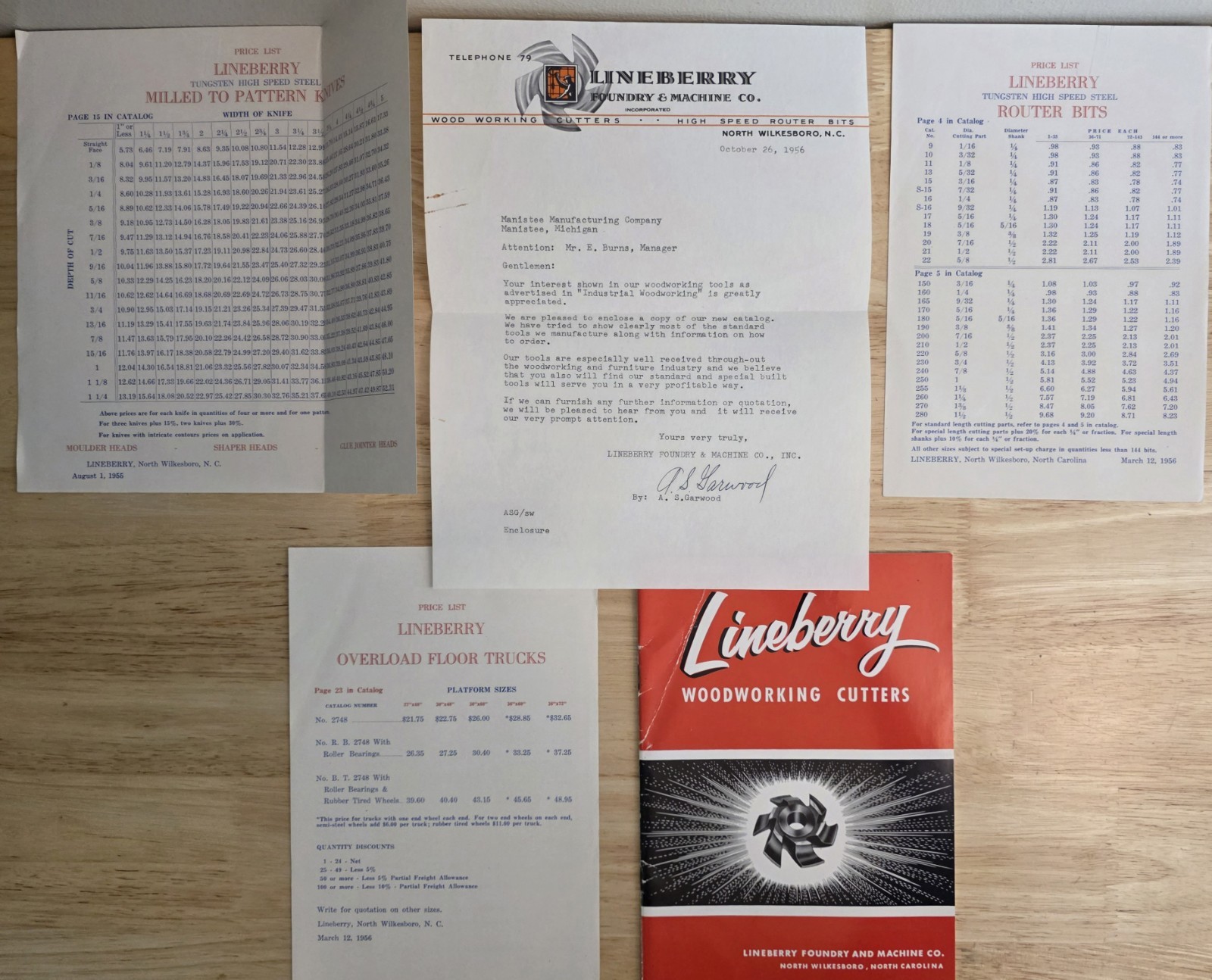 1956 Lineberry Woodworking Cutters Brochure + Paperwork + Letter