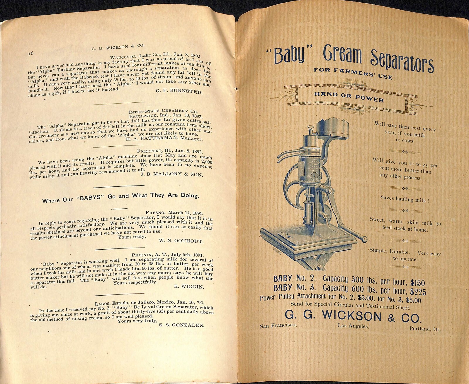 Scarce 1892 « De Laval Cream Separators Catalog » Wickson Los Angeles, CA 16pp VGC