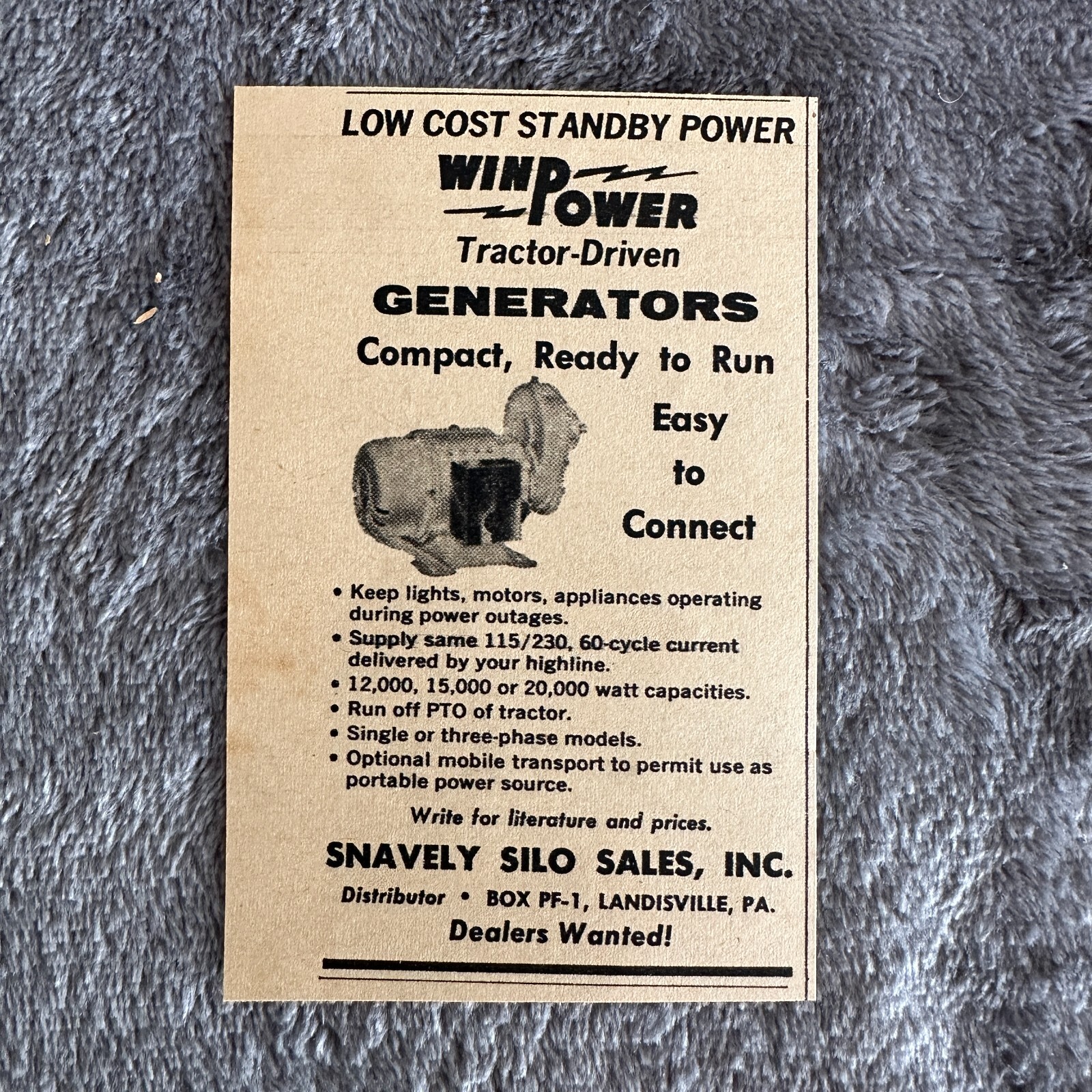 1963 Win Power Tractor Generator Ad Shavely Silo Sales Lancaster PA Farm Print