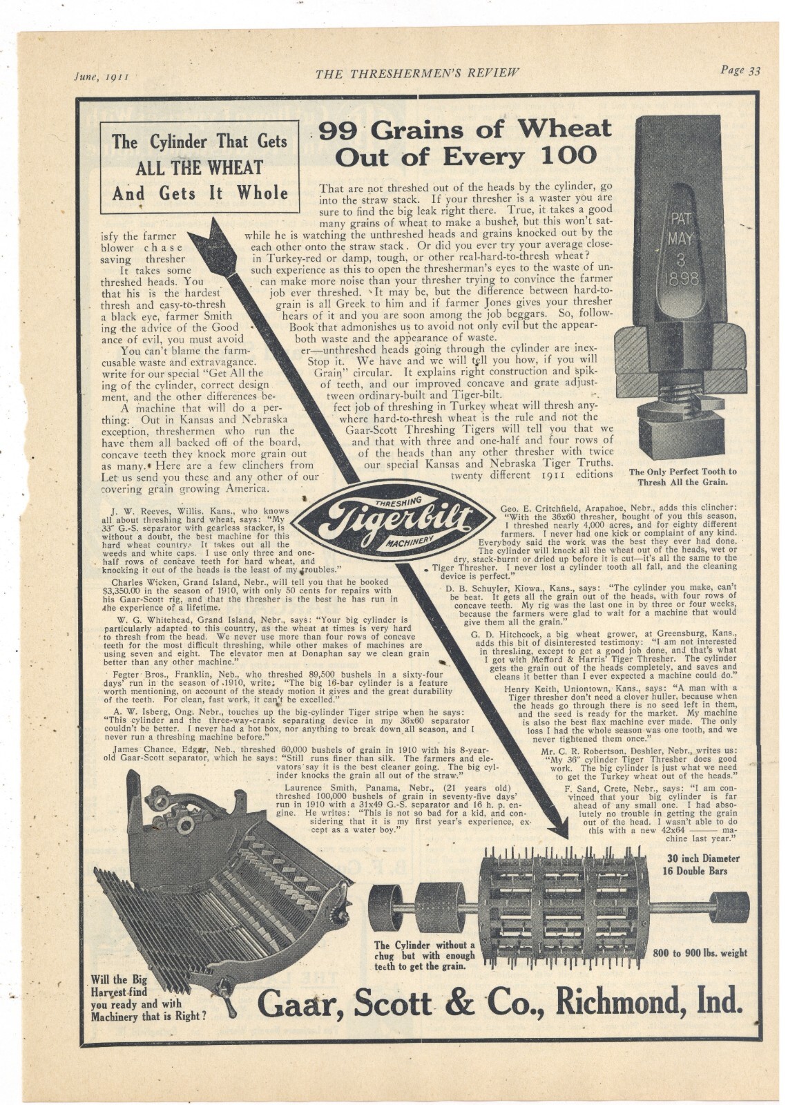 1911 Gaar, Scott & Co. Ad: Tigerbilt Threshing Machinery – Richmond, Indiana