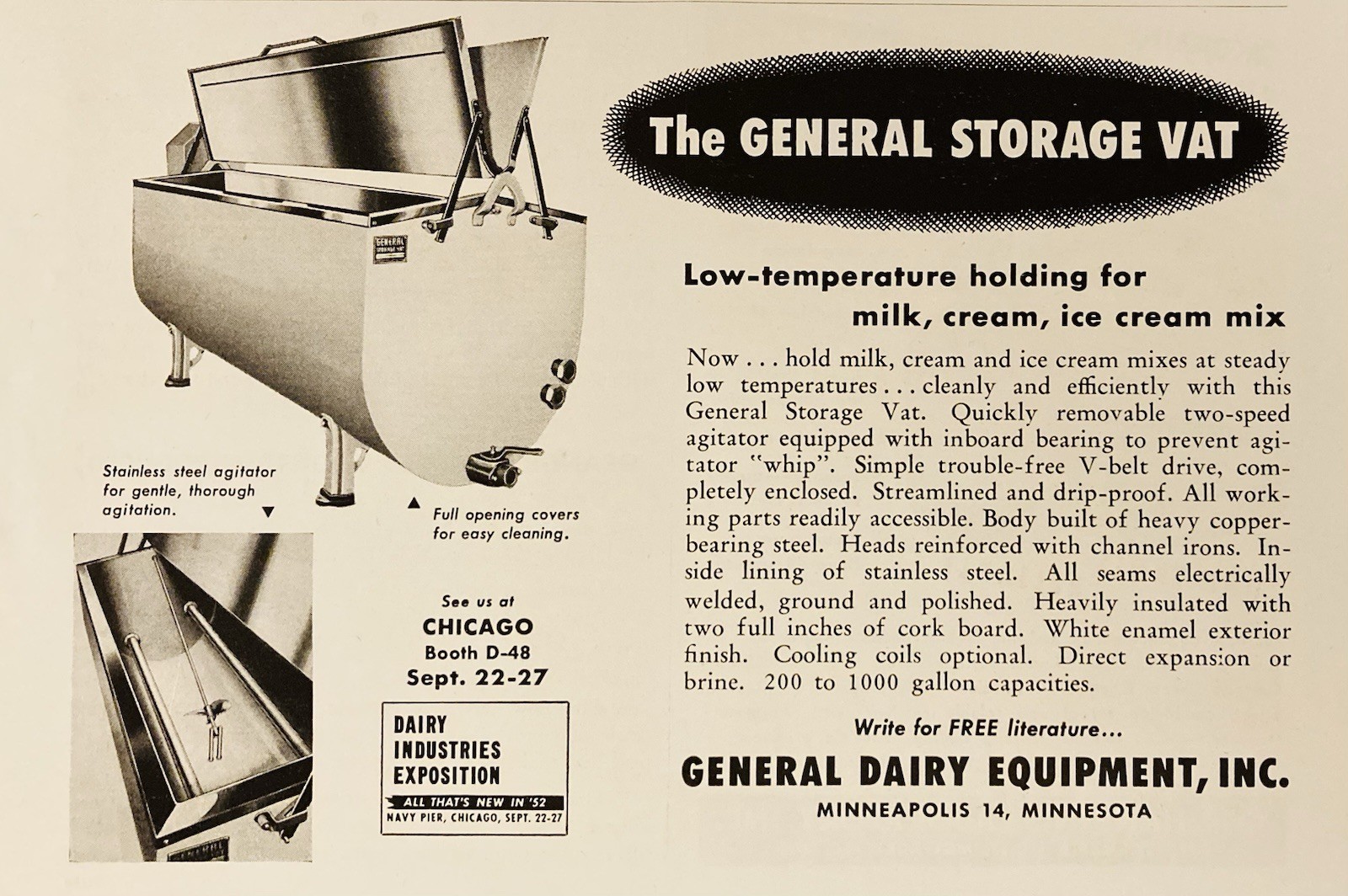 1952 AD.(PC10)~GENERAL DAIRY EQUIPMENT CO. MINNEAPOLIS, MINN. MILK, CREAM MIXER