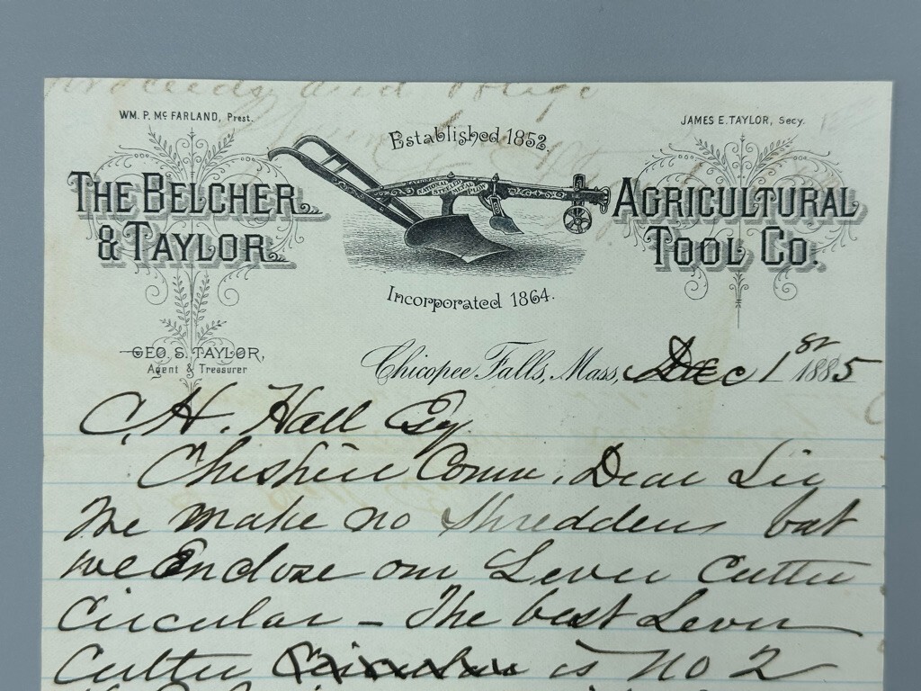 1885 BELCHER TAYLOR Agricultural FARM POSTAL COVER Advertising CHICOPEE FALLS MA