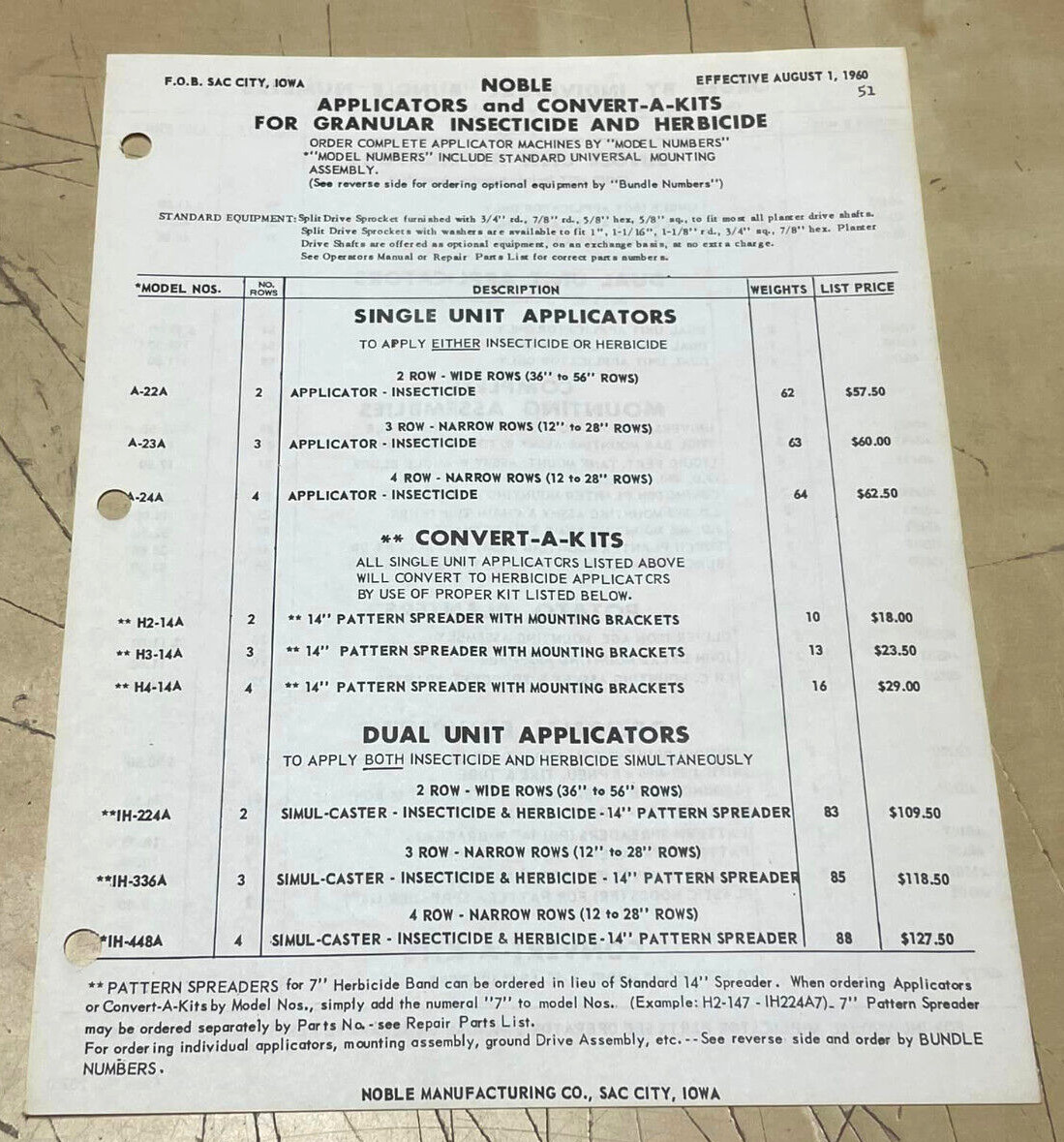 Vtg Original Noble Granular Insecticide Applicator Brochure and Price List Sheet