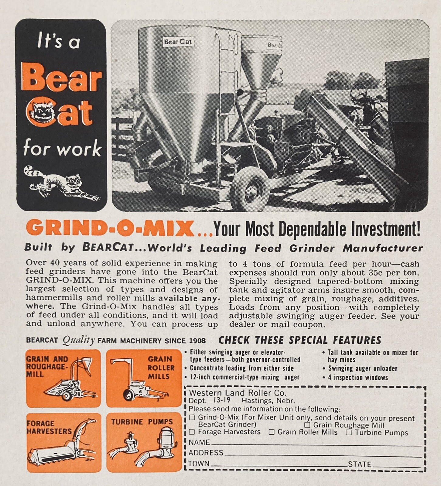 1965 AD.(XH27)~WESTERN LAND ROLLER CO. HASTINGS, NE. BEARCAT GRIND-O-MIX
