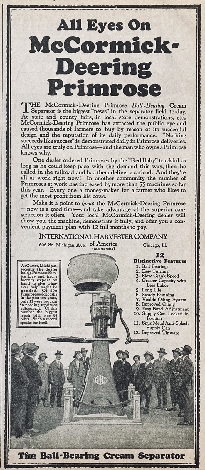 1926 AD.(XH33)~INTERNATIONAL HARVESTER CO. MCCORMICK-DEERING PRIMROSE SEPARATOR