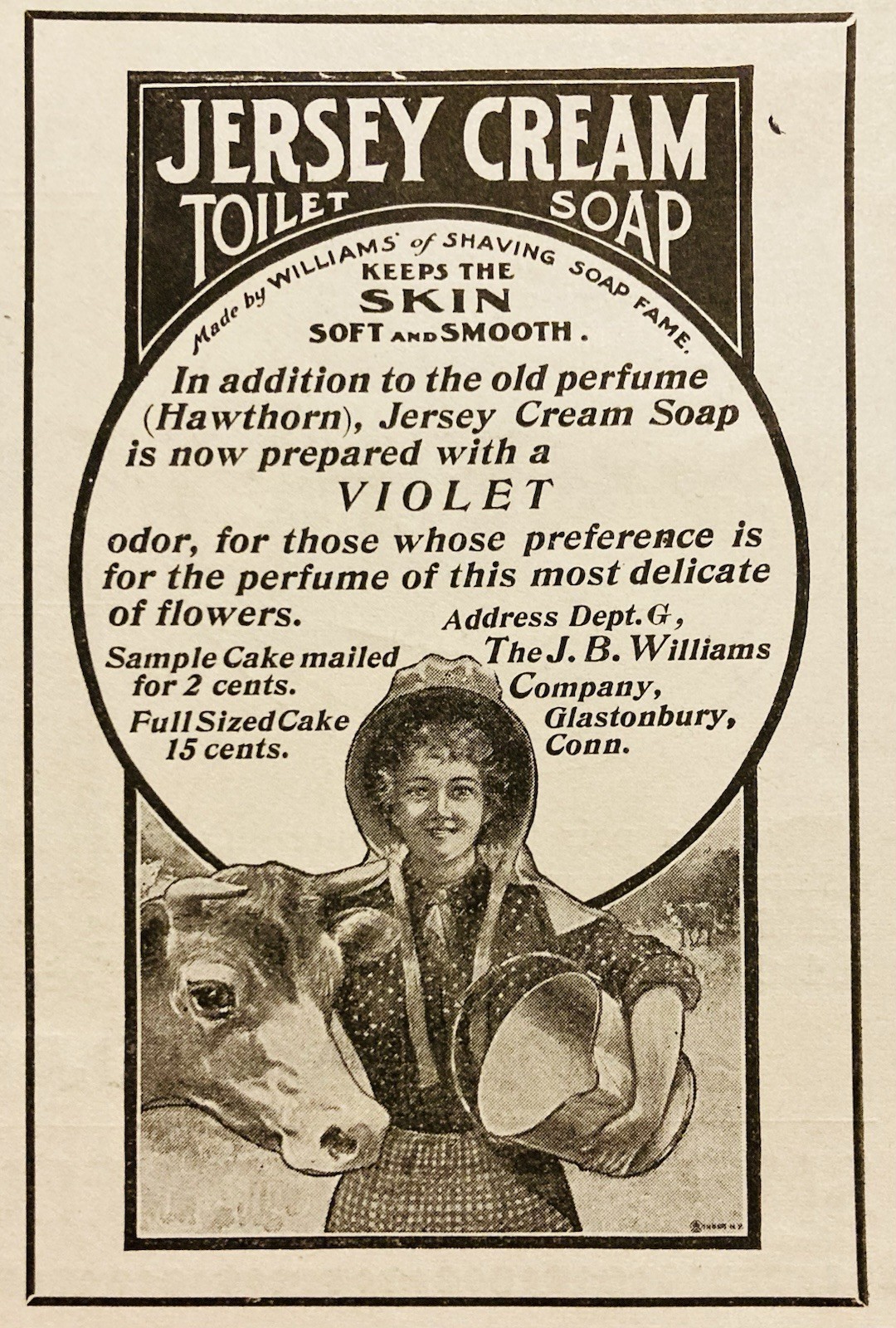 1900 AD.(PC5)~J.B. WILLIAMS CO. GLASTONBURY, CONN. JERSEY CREAM TOILET SOAP