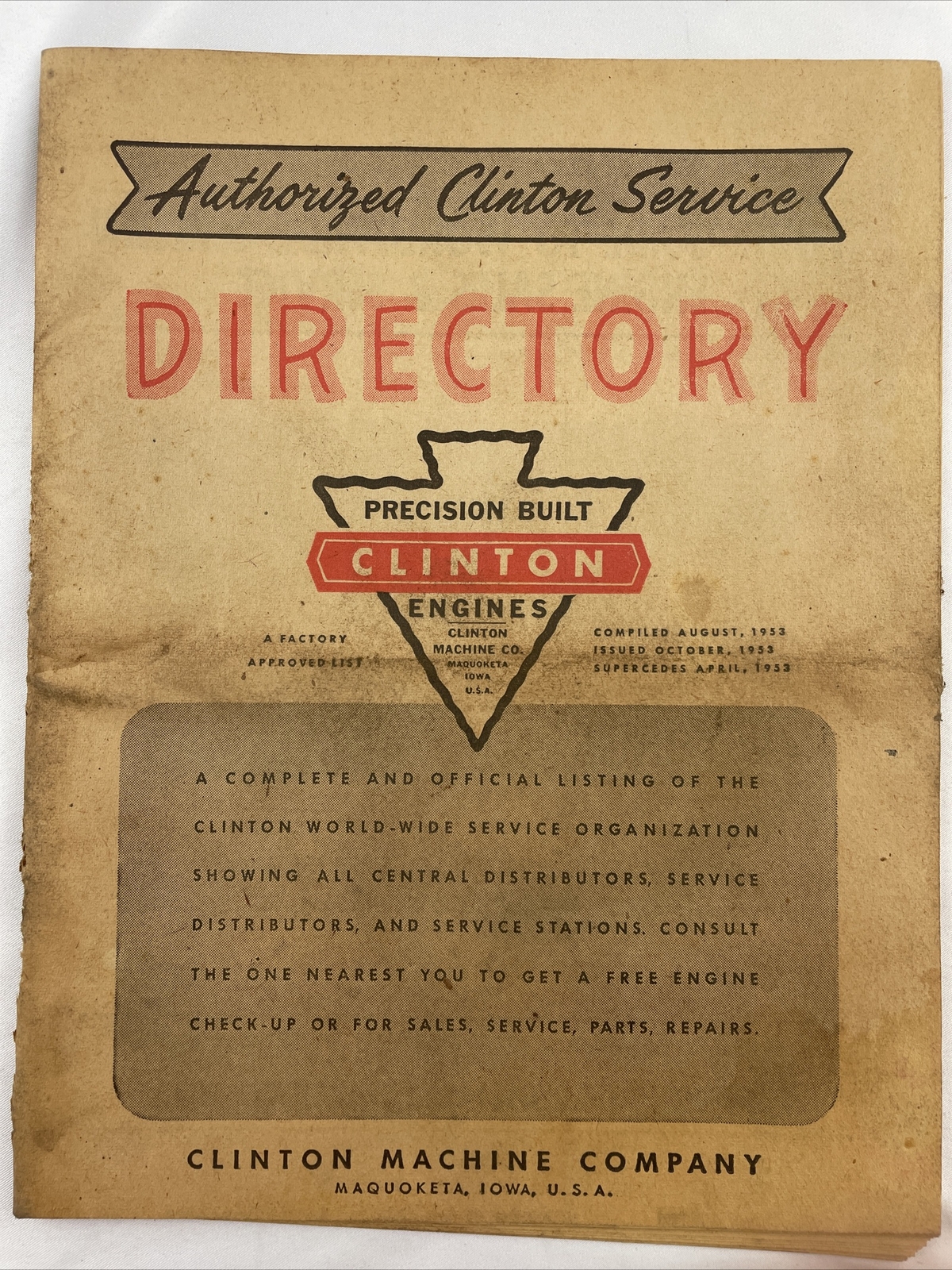 Authorized Clinton Service Directory Precision Engines Machine Co. VTG 1953