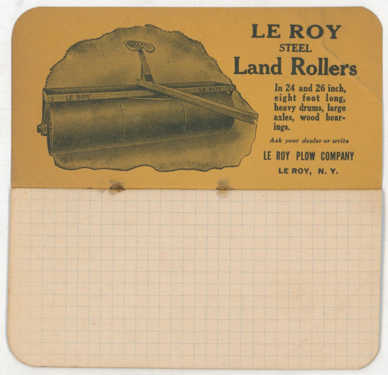 c1915 Le Roy Plow Co Farm Implement Advertising Memo Pad Harrows Cultivators NY