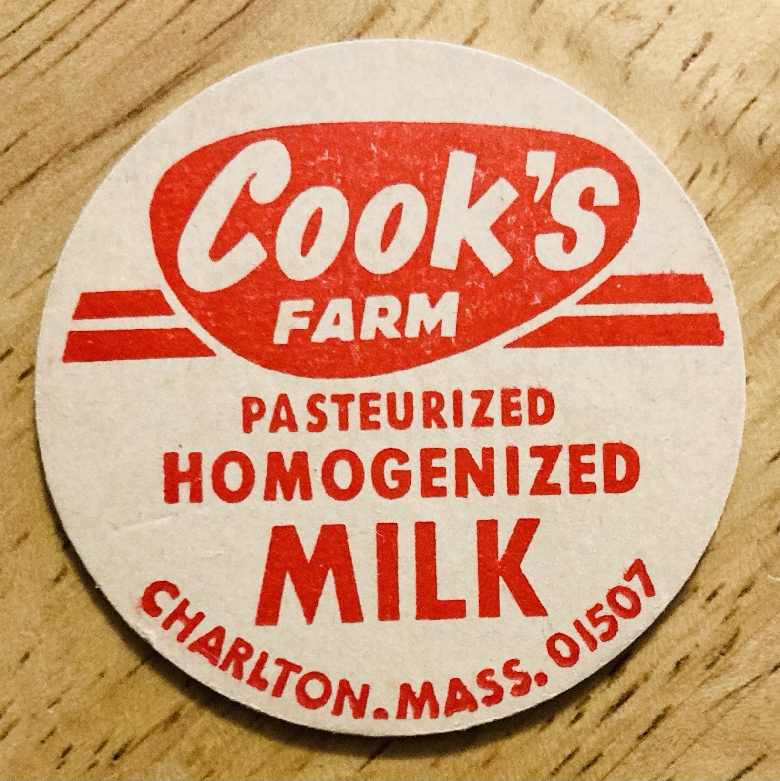 MILK BOTTLE CAP~COOK’S DAIRY FARM, CHARLTON, MASS.