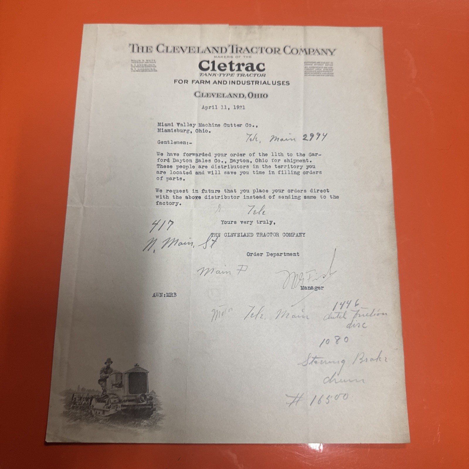 Cleveland Tractor Company Cletrac Letterhead April 11, 1921
