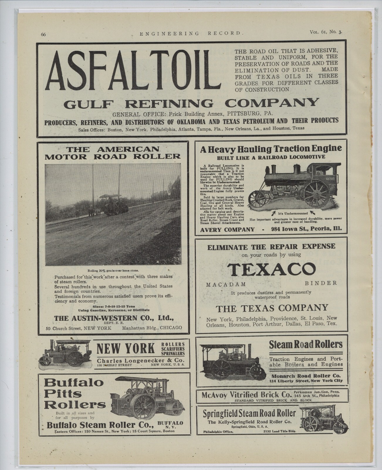 1910 Road Roller Ads on 1 Page: Austin Western, Buffalo Pitts, Avery, Monarch, +