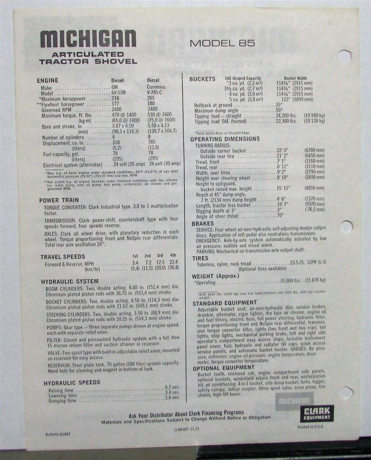 1972 Michigan 85 Articulated Tractor Shovel Specs Construction Sales Data Sheet