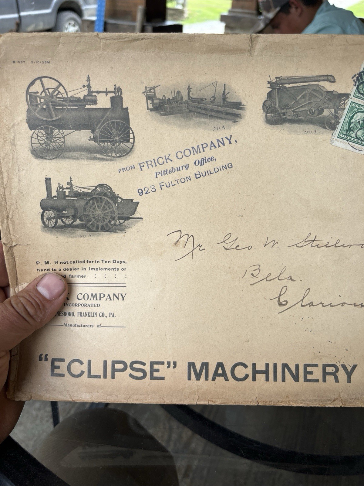 Antique Frick Eclipse Steam Tractor Engine Large Envelope, Bela Pa. Clarion Co.