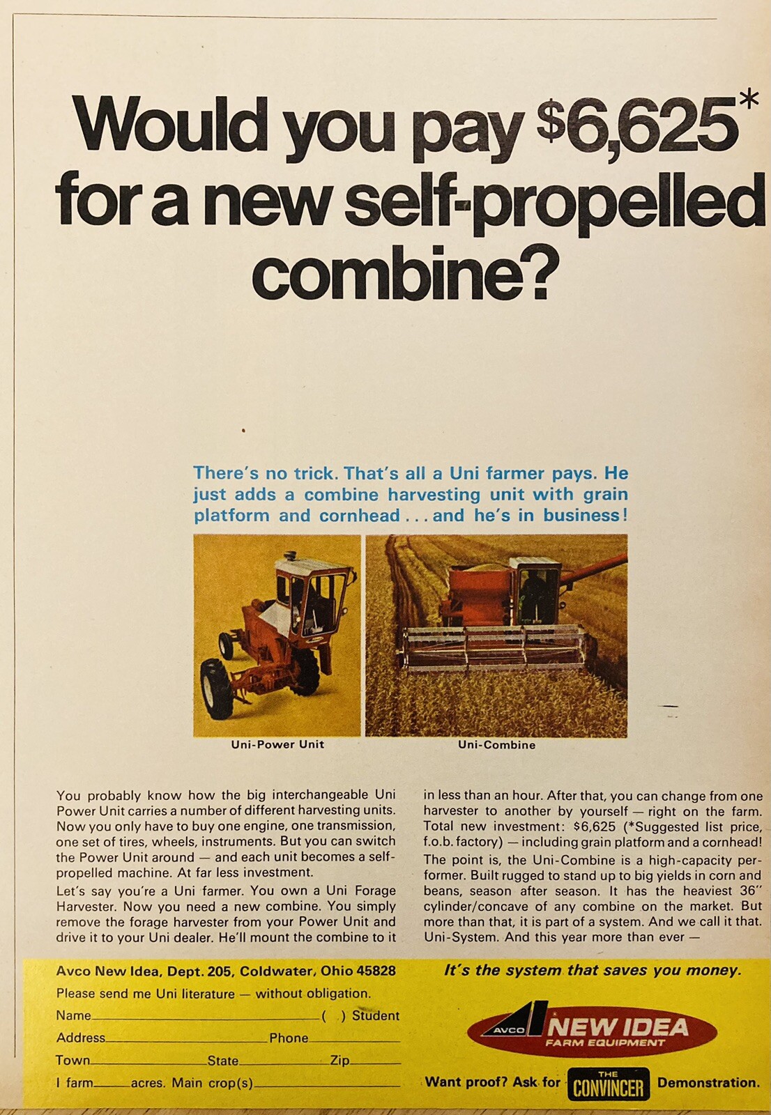 1969 AD.(XH78)~AVCO NEW IDEA CO. COLDWATER, OHIO. NEW SELF-PROPELLED COMBINE
