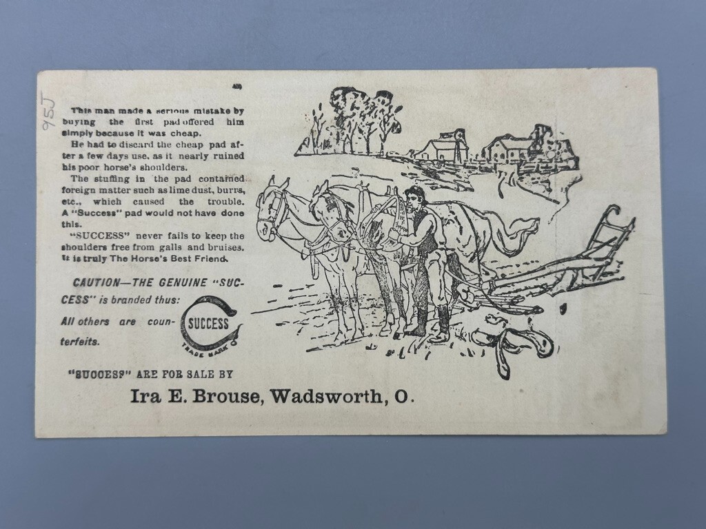 1890 Success HORSE COLLAR McClain Co FARM Advertising Trade Card GREENFIELD OH