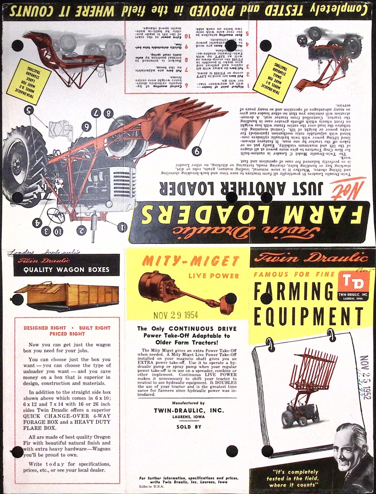 1954 Twin Draulic Farming Equipment Brochure Loaders Sprayers Post Hole Diggers