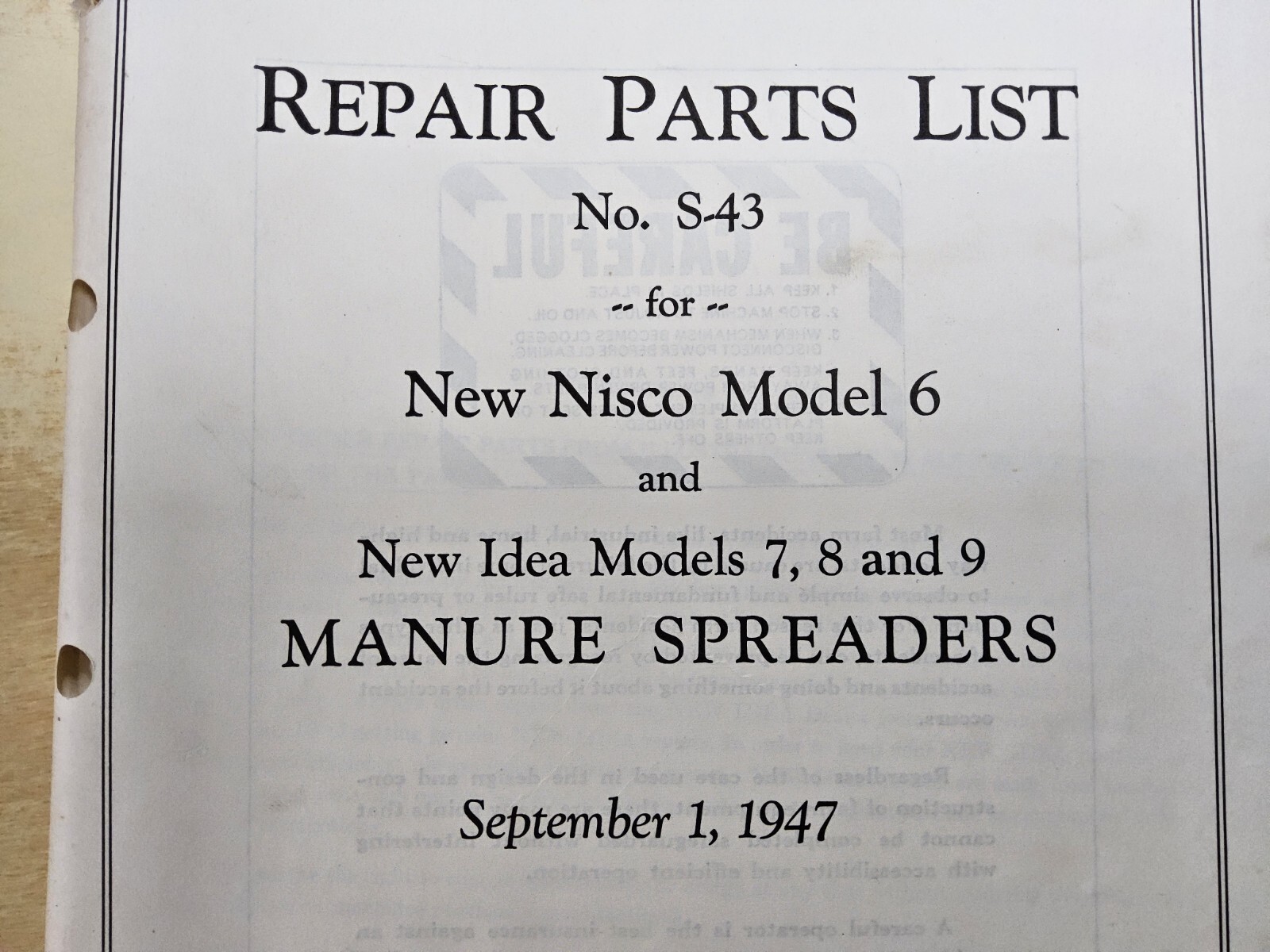 Nisco Model 6 & New Idea Models 7, 8 & 9 Manure Spreaders 9/1/1947 Parts Lists