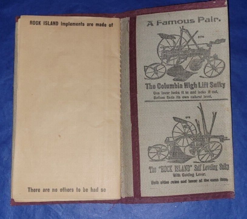 ROCK ISLAND PLOW Co 1912 Adv Notebook Implement A.D & F.S. MILLS CENTRAL CITY IA