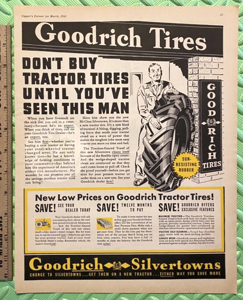 Original 1940 GOODRICH & GOODYEAR Tractor Tires Print Ads LOT. Large 13.5×10.5in