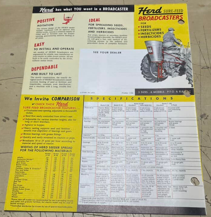 Vtg Herd Sure-Feed Broadcasters Granular Seed Distributor Brochure & Price List