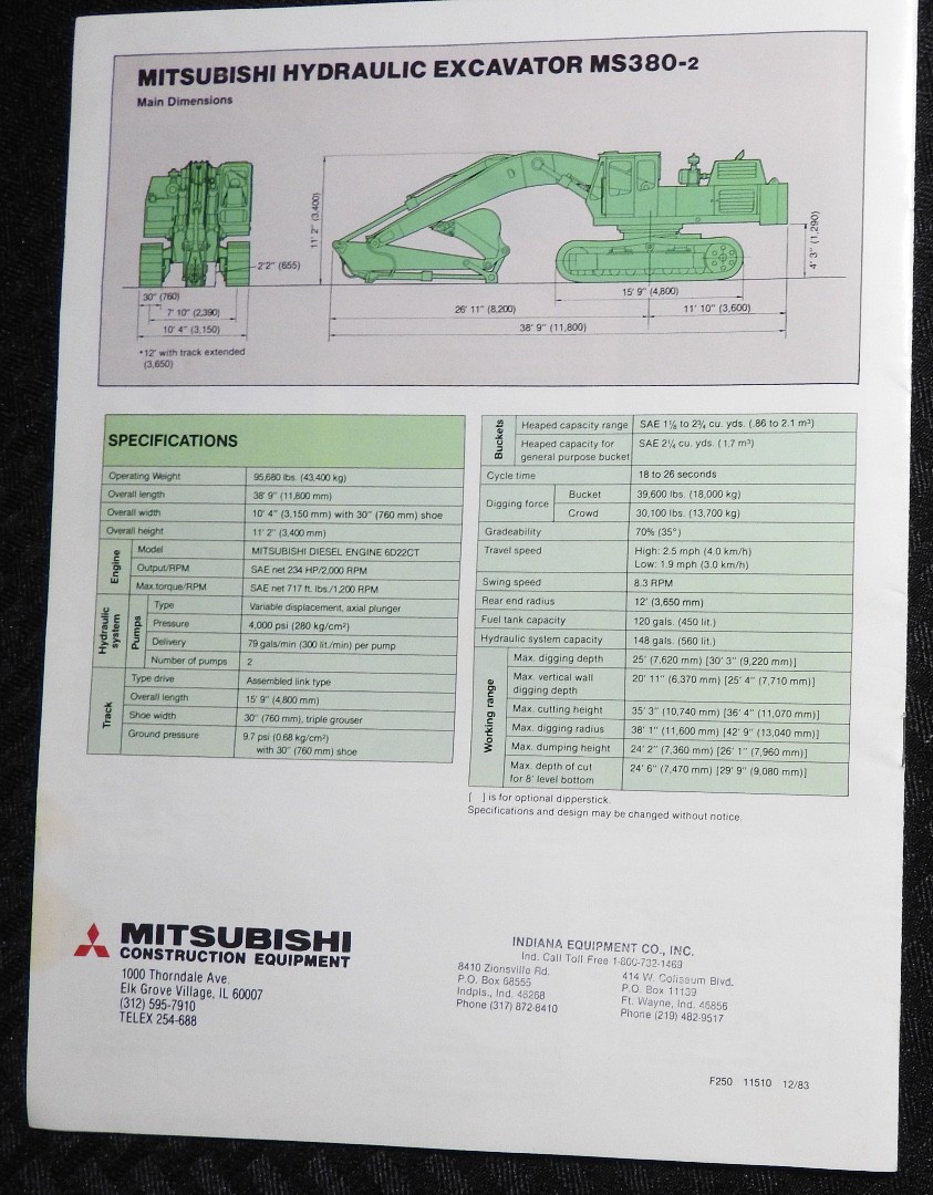 1983-84 Mitsubishi Excavator Sales Catalog Brochure MS 380-2 MINTY