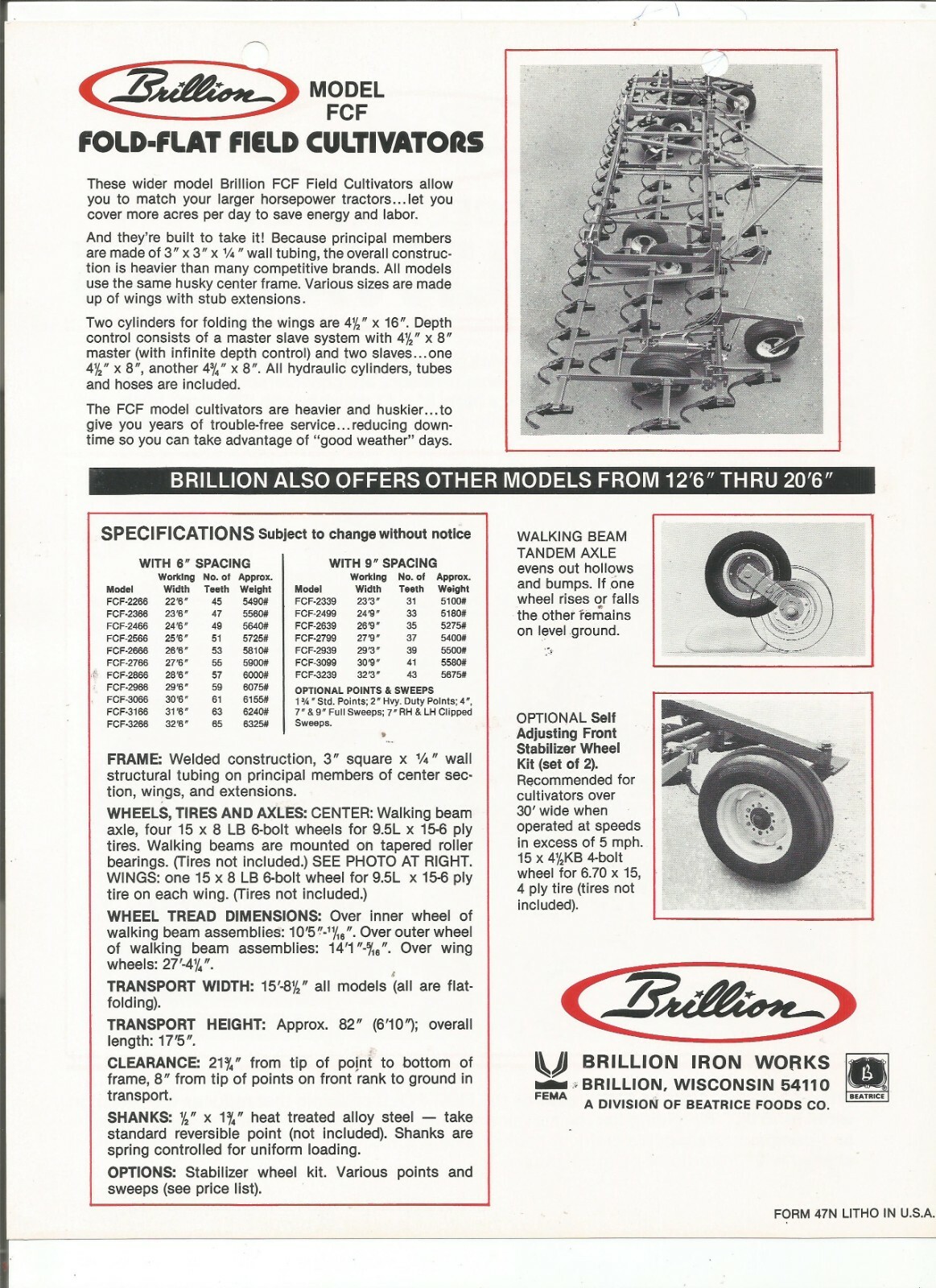Original Brillion FCF Model Fold-Flat Cultivators Sales Brochure Form Number 47N
