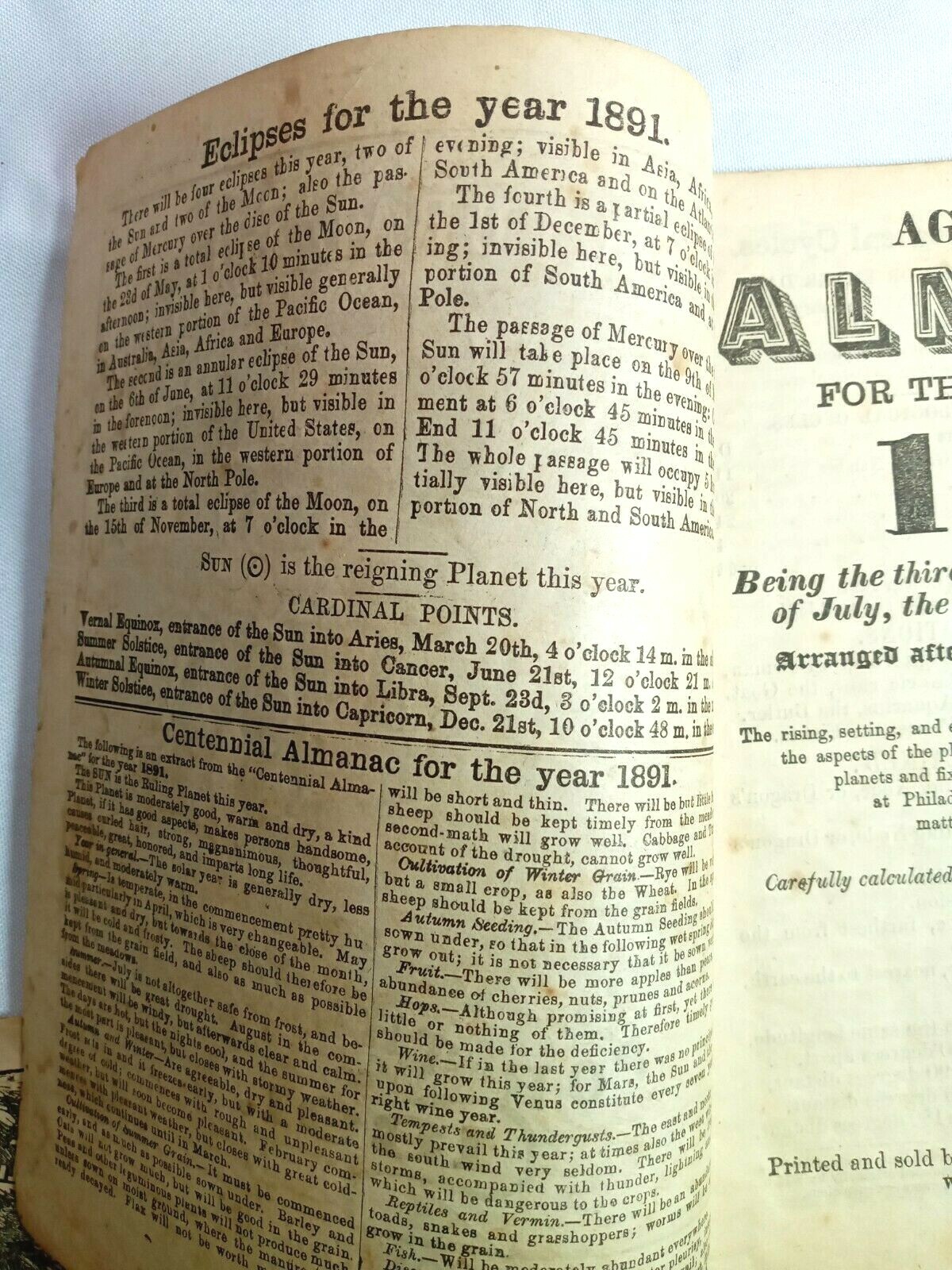 1891 John Bear Baer&rsquo;s Agricultural Almanac Lancaster, PA Antique Farmers Vintage