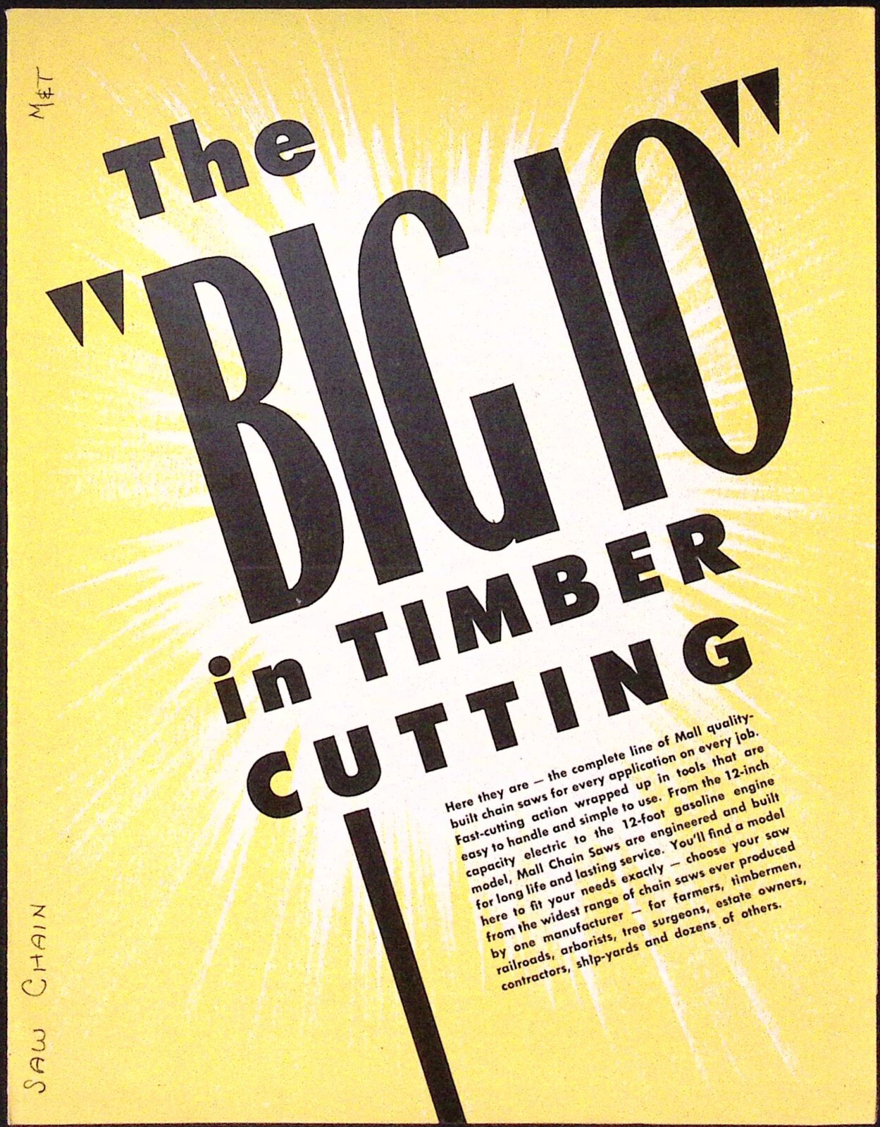 1952 Mall Tool co The Big 10 Chain Saws for Every Cutting Need Dealer Brochure