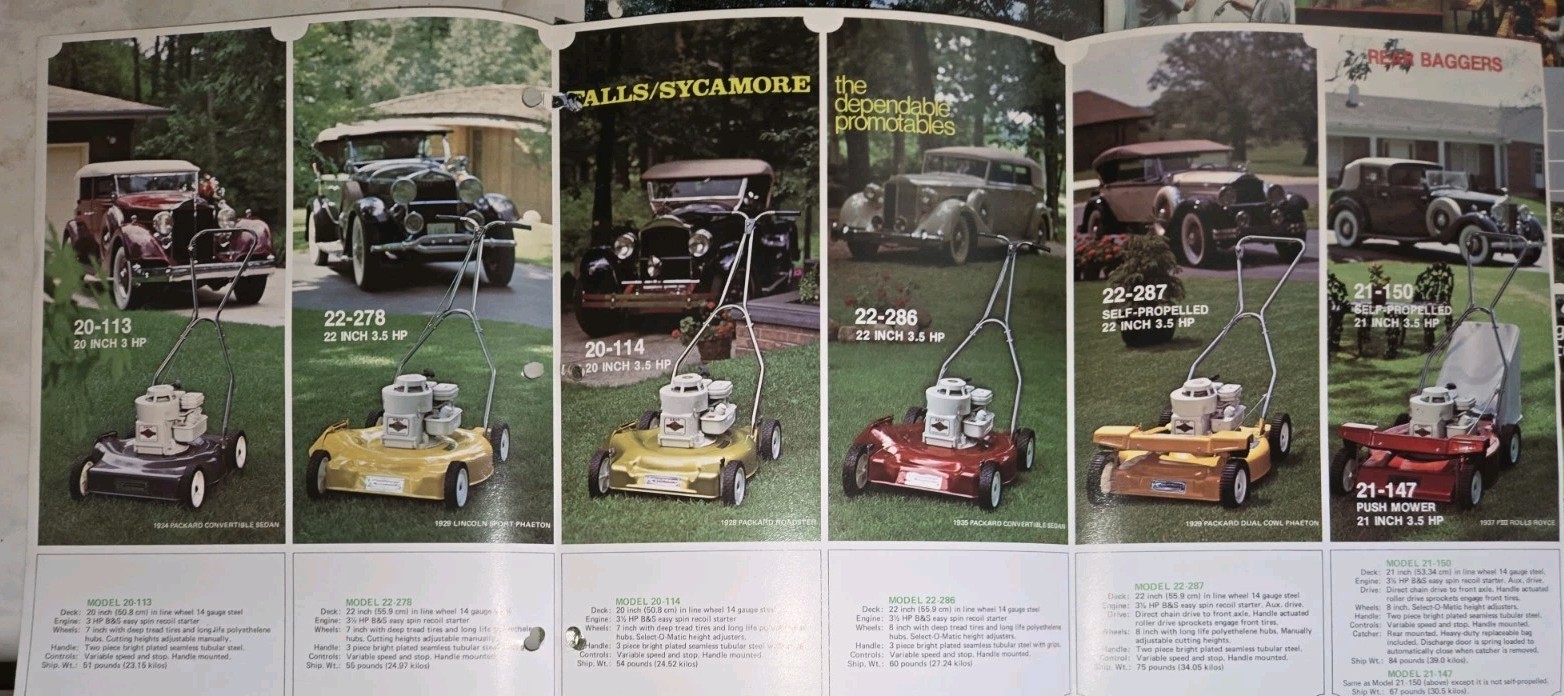 LOT OF 9 70S AND 80S FALLS SYCAMORE LAWN MOWER DEALER COLOR BROCHURES 1976-1986