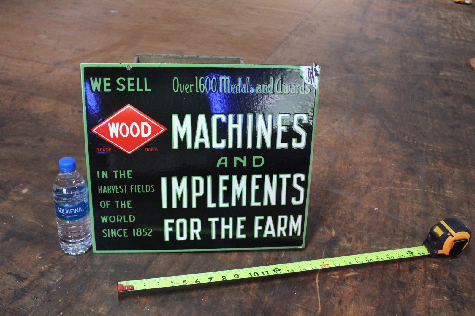 WOOD MACHINES AND IMPLEMENTS FARM DEALER 2-SIDED PORCELAIN METAL SIGN SEED FEED