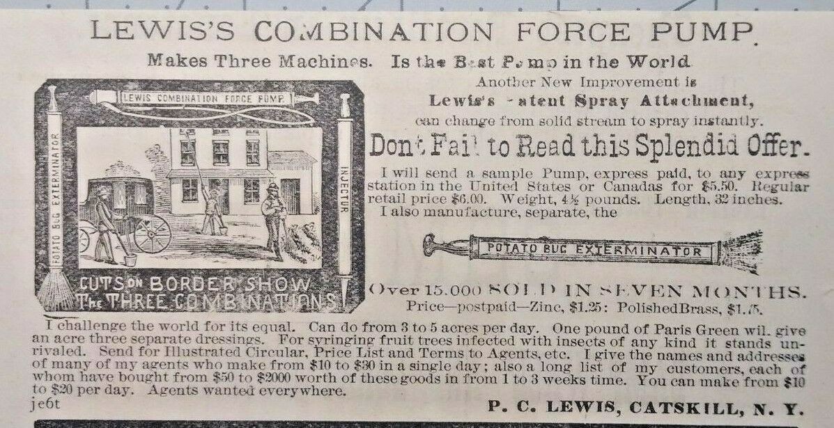 Catskill New York Vintage Print Ad P.C. LEWIS&rsquo;S COMBINATION FORCE PUMP 1881