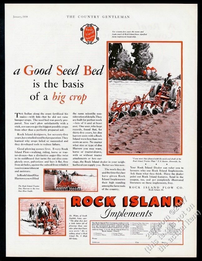 1930 Rock Island Plow Implements farm tractor farmer art vintage print ad
