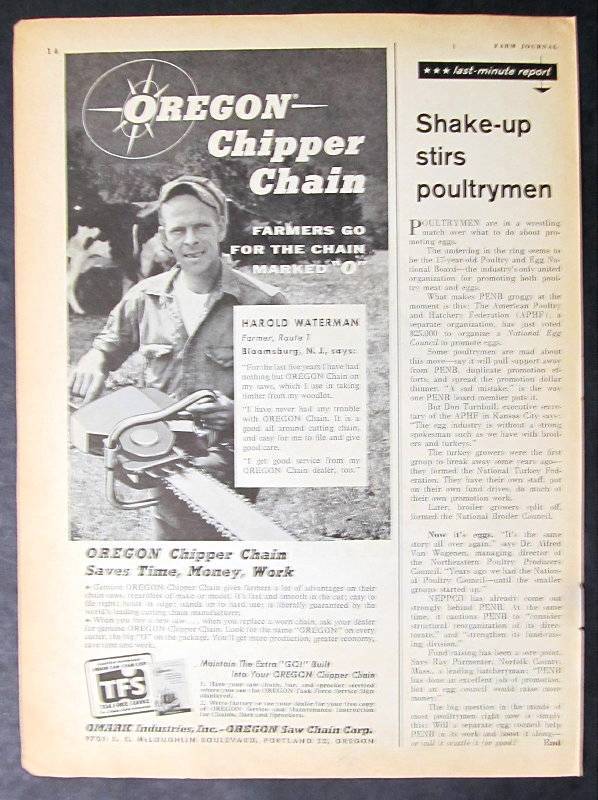 1954 Oregon Chipper Chain Saw Photo Ad Harold Waterman of Bloomsburg NJ