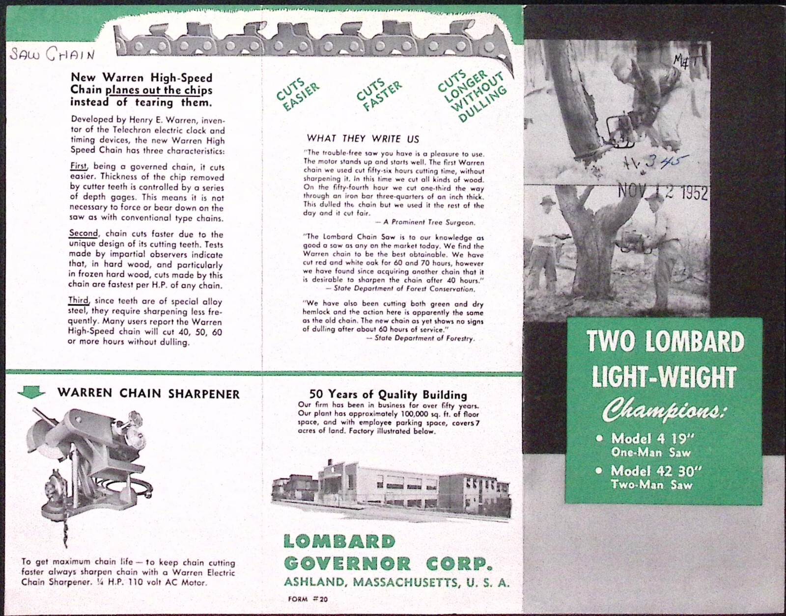 1952 Lombard Model 4 One Man Model 42 Two Man Chain Saws Dealer Brochure