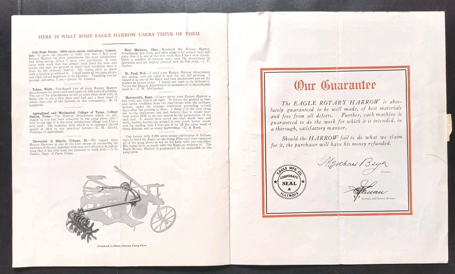 1920 Eagle Mfg. Rotary Harrow Dealer Advertising Brochure Lot Farming Ad Ill