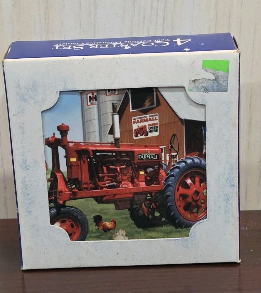 Farmall Tractor Ceramic Coaster Set 4 Tiles Vintage New NIP Antique Farming IH