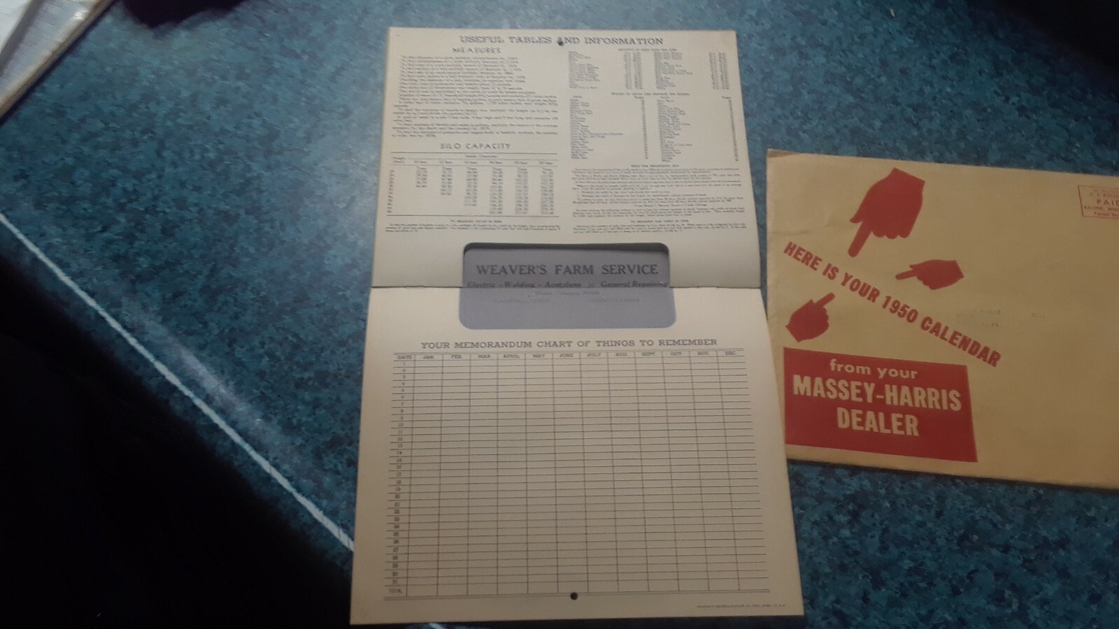 VTG 1950 MASSEY – HARRIS DEALER CALENDAR W/ENVELOPE WEAVERS FARM SERVICE PA