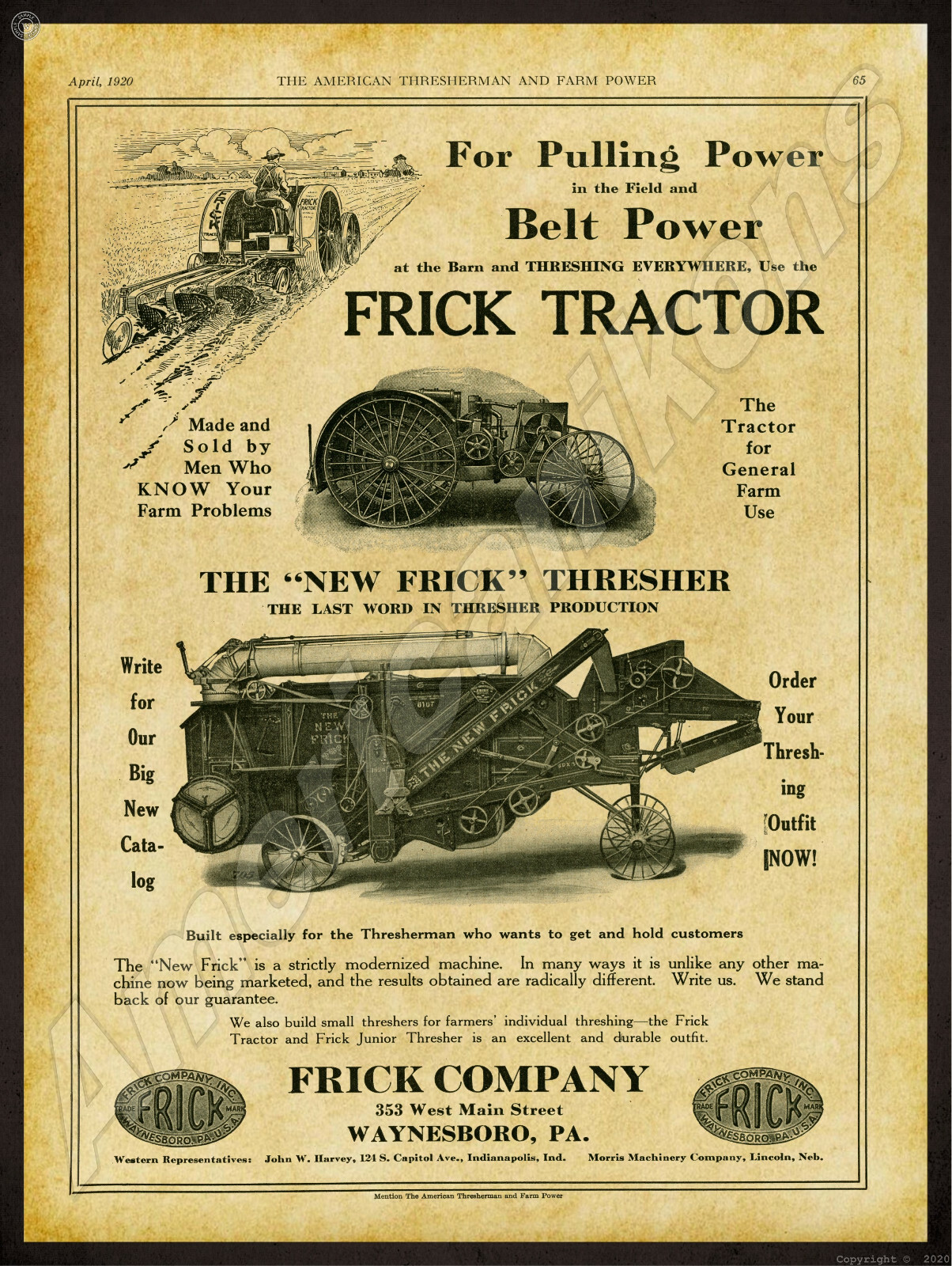 1920 Frick Company New Metal Sign: Frick Tractor & Thresher Pics – Waynesboro PA