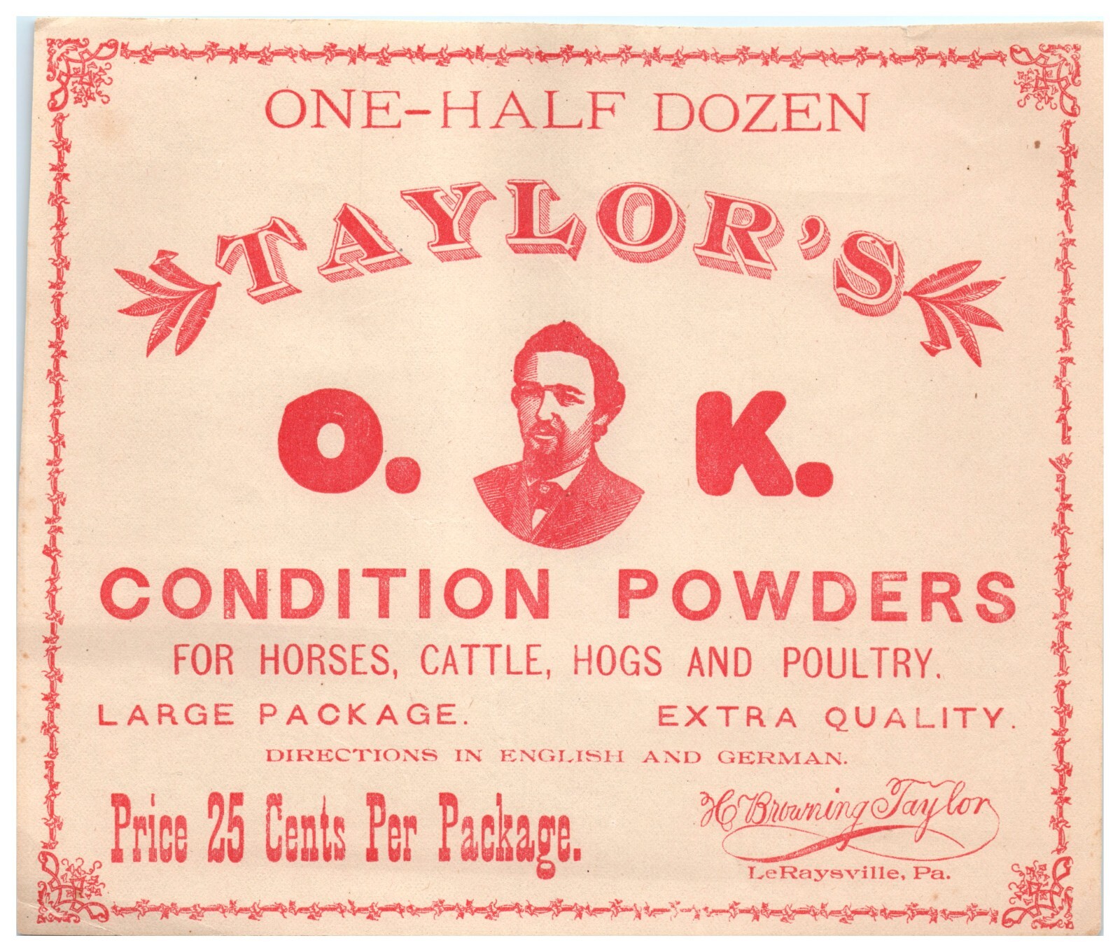 Browning Taylor Conditioning Powders Horses Cattle Hogs Label Le Raysville PA C4