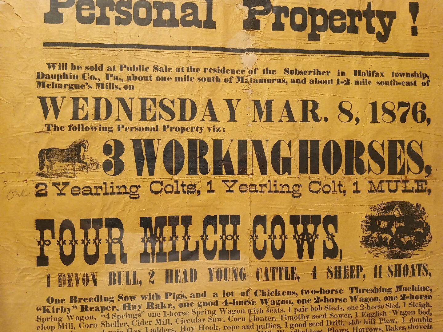 1876 Public Farm Sale Framed Auction Notice, Halifax Township, Pennsylvania