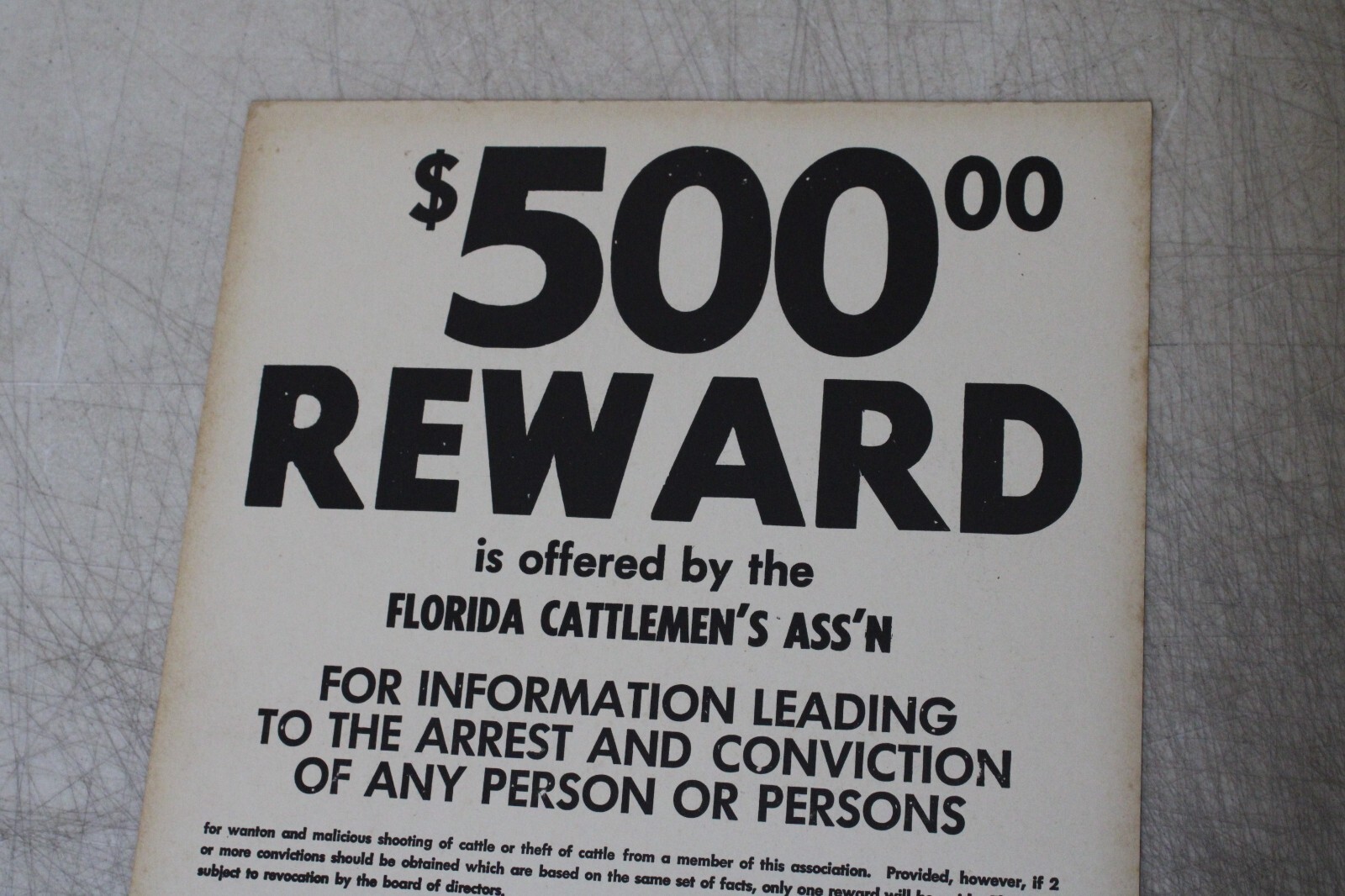 FLORIDA CATTLEMEN&rsquo;S ASSOCIATION SIGN $500.00 REWARD 10.5 X 13.5