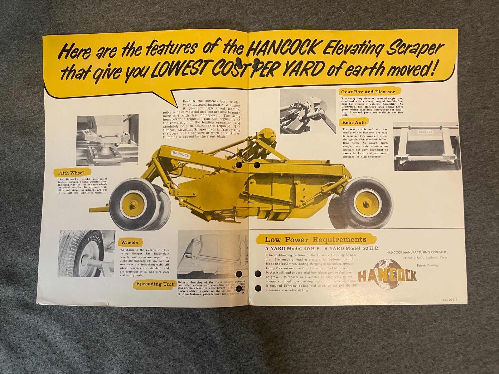 1950&rsquo;s Hancock Scrapers Brochure Spec Sheet 5 Yard 8 Yard 4 Pages Vintage